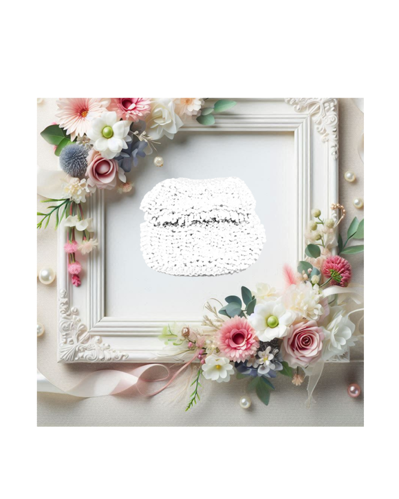 Decorative white bridal frame with floral elements and a beaded clutch bag centre piece a white background
