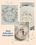 Collage of hand embroidery projects with floral designs, hearts, and a couple holding hands.