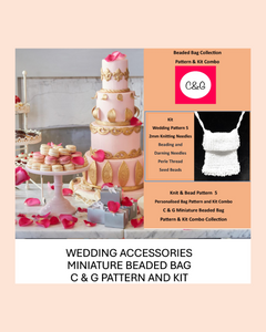 Beaded bag collection with wedding-themed items and packaging on a light pink background.
