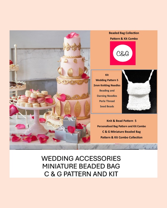 Beaded bag collection with wedding-themed items and packaging on a light pink background.