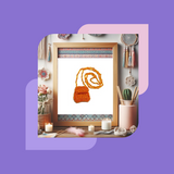 A promotional image for an online bead knitting workshop, featuring a completed beaded bag necklace displayed in a frame, surrounded by various decorative items on a purple background.