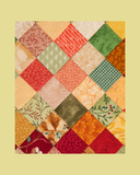 Patchwork quilt with colorful squares on a light yellow background