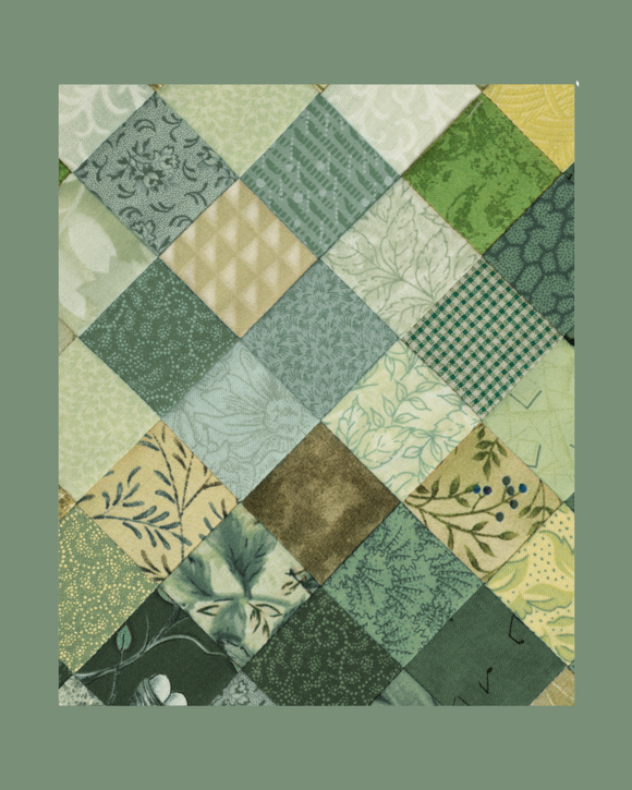 Patchwork quilt with blue and beige squares on a pastel background