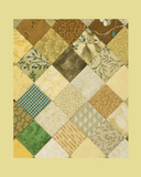 Patchwork quilt with various patterns on a beige background