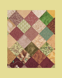 Patchwork quilt with various patterns of mauve on a yellow background
