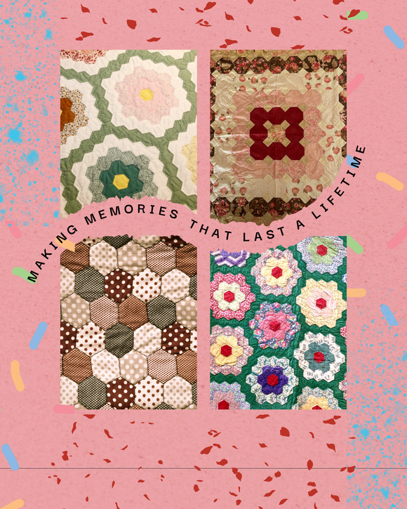 Cover with hexagon quilts 'Making Memories That Last a Lifetime' with quilt patterns on a pink background.