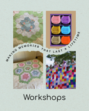 Hexagon quilts is soft colours, beaded bags in six different colours and a colourful patchwork quilt. Making memories that last a lifetime workshops
