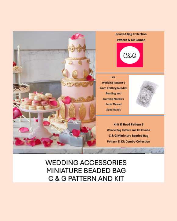 Promotional image for C & G beaded bag pattern and kit combo, featuring a tiered pink cake decorated with gold beads, alongside a miniature beaded bag with a gold design. The image includes text describing the product as a beaded bag collection pattern and kit combo for creating a beaded iPhone bag, suitable for weddings and special occasions.