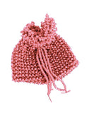 A handmade pink beaded pouch with bead drawstring closure on white background