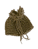 A handmade brown beaded pouch with a drawstring closure.