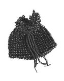 A handmade black beaded pouch with a beaded drawstring closure.