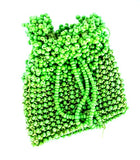 A handmade green beaded pouch with a beaded drawstring closure.