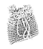 A handmade white beaded pouch with a drawstring closure
